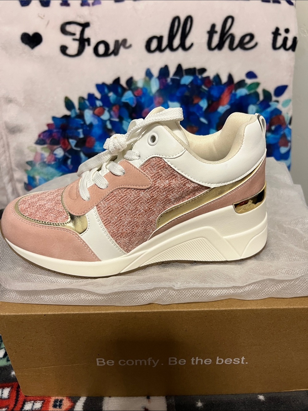 Women's Pink and White Wedge Sneakers with Gold Trim brand new it takes inbox